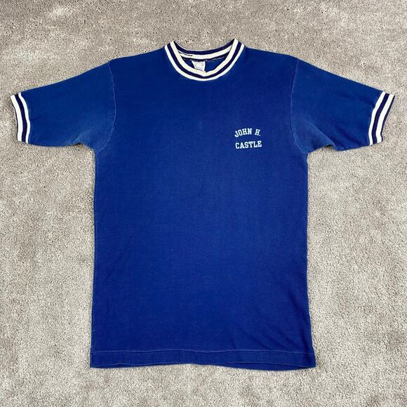 Blue White Ringer John H Castle Knights Vtg Graphic T-shirt Size XS Retro 70s - Picture 1 of 6